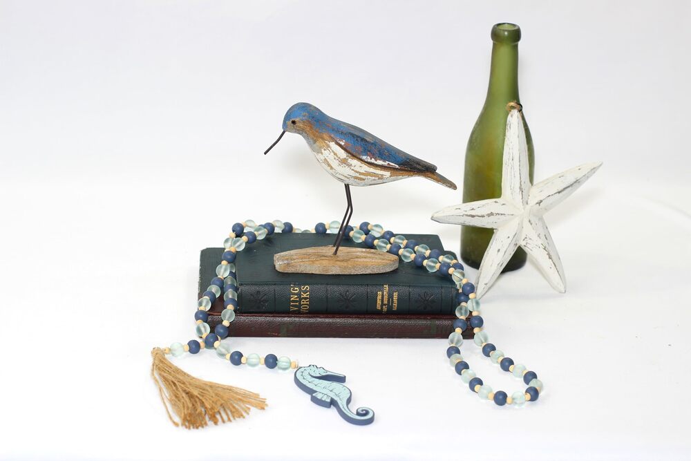 5126 Rustic Coastal Decor Set – Hand-Carved Wooden Willet, Starfish &